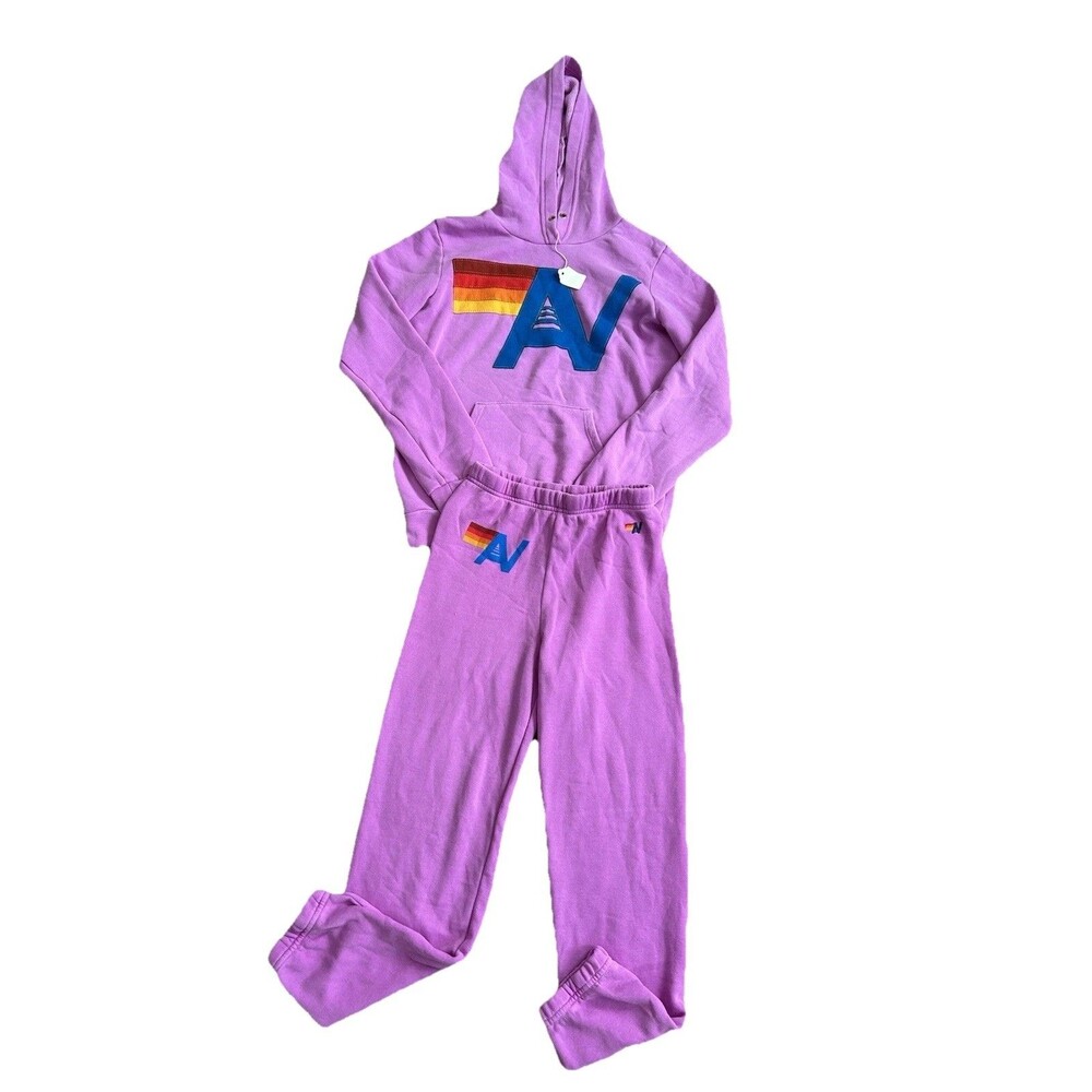 Aviator Nation Kids Neon Purple Logo Stitch Set Hoodie And SweatPants 12/14 New